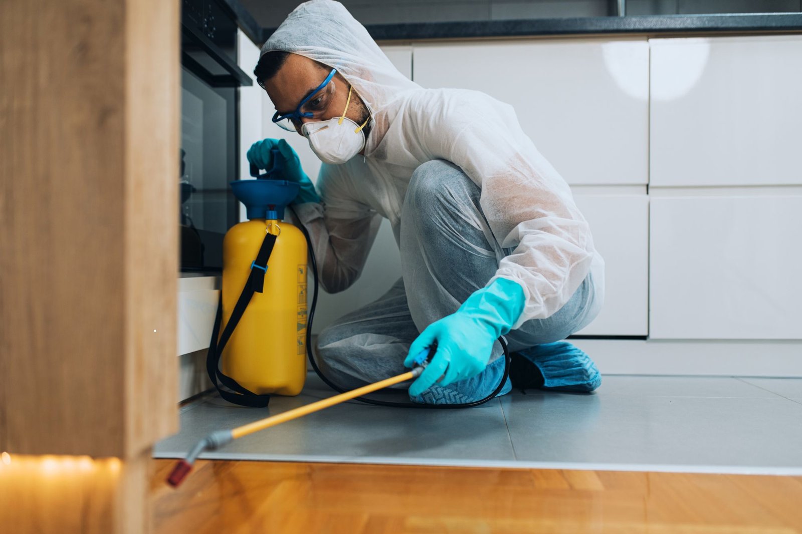 A man in a yellow vest sprays a wall with a pest control device during an ant control service in Honolulu, HI.