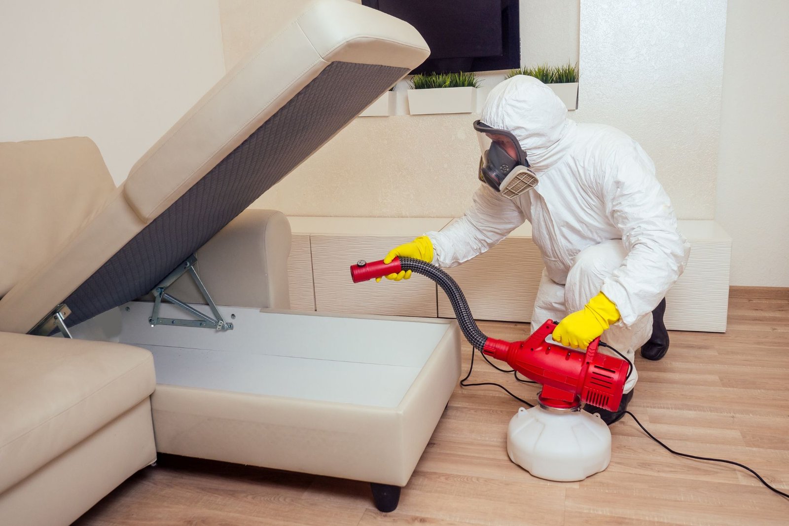 A man in protective gear and a white suit uses a vacuum to clean a couch for bed bug control in Honolulu, HI.