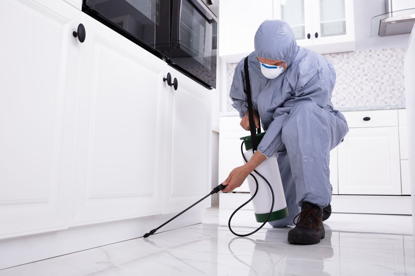 A man in a protective suit sprays insecticide on a kitchen floor during a stinging insect control service in Honolulu, HI.