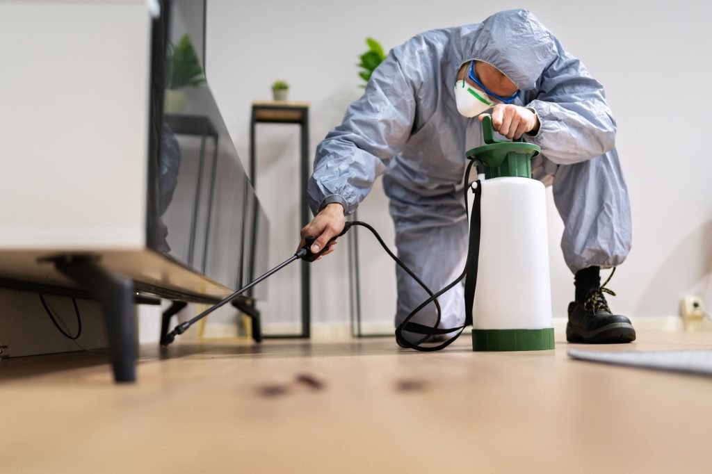 A man wearing a protective suit applies pesticide for termite control in Honolulu, HI.