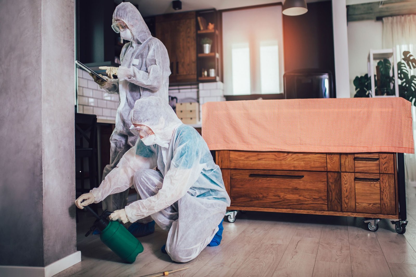 Two people wearing protective clothing and masks work on spider control in a kitchen in Honolulu, HI.